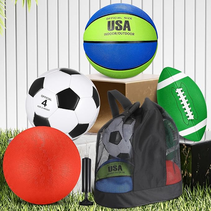 Deekin 4 Pcs Sport Balls Set for Kids Teens, Include Official Size 5 Basketball 4 Soccer 6 Football Playground Ball and Pump Sports Equipment Bag Recess Equipment Sport for Students(Navy Blue, Green)