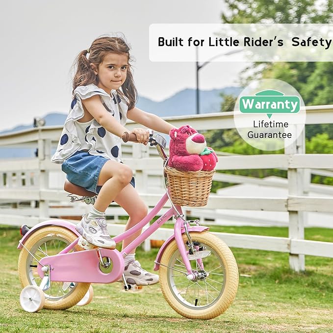 Glerc Little Molly 12-20 Inch Kids Retro Cruiser Bike for 2-13 Year Old with Wicker Basket & Training Wheels/Kickstand, Multiple Colors