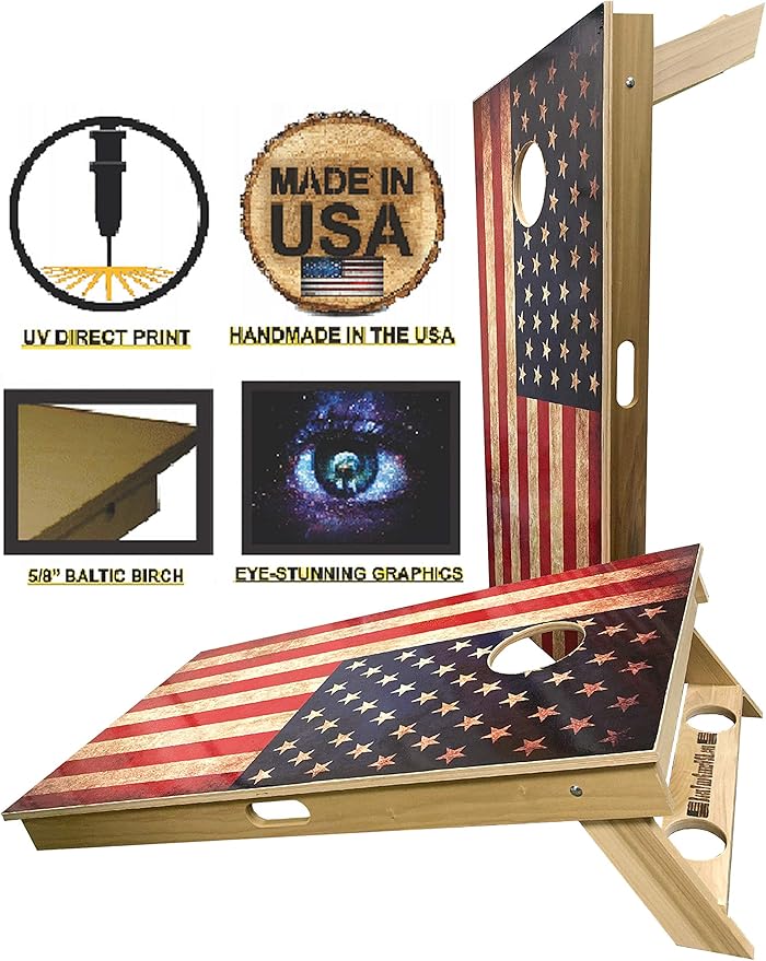 American Flag Series - Premium Cornhole Boards w Cupholders and a Handle - Includes 2 Regulation 4' x 2' Cornhole Boards w Premium Birch Plywood and 8 Cornhole Bags