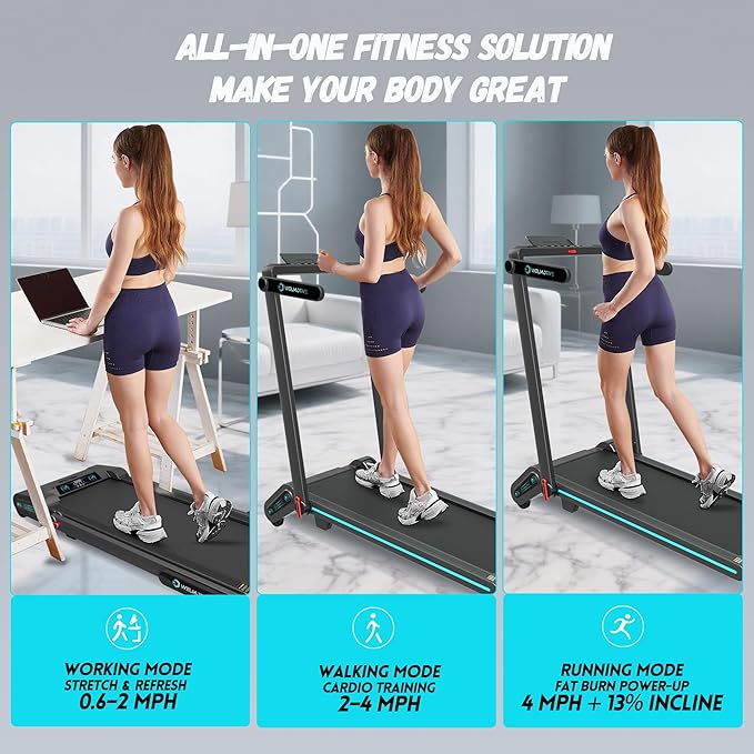 Treadmill with Auto Incline Walking Pad Underdesk for Home Office Potable Compact Running Machine Jogging Caminadora para Casa Up to 13% 6 Levels with Remote Control Indoor Fitness Black