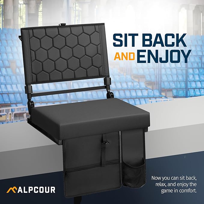 Extra Wide Folding Reclining Stadium Seat with Back Suppot for Bleachers, Bleacher Hooks, Thick Cushion, Cup Holder, Storage Pockets – Portable Chair for Kayak, Canoe, Paddle Board, Concerts, & Sports