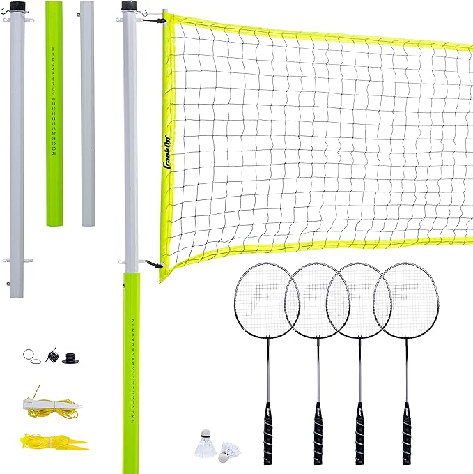 Franklin Sports Badminton Set - Portable Backyard + Beach Badminton Set - Adult + Kids 4 Player Badminton Net Set - (4) Rackets + (2) Birdies Included - Advanced