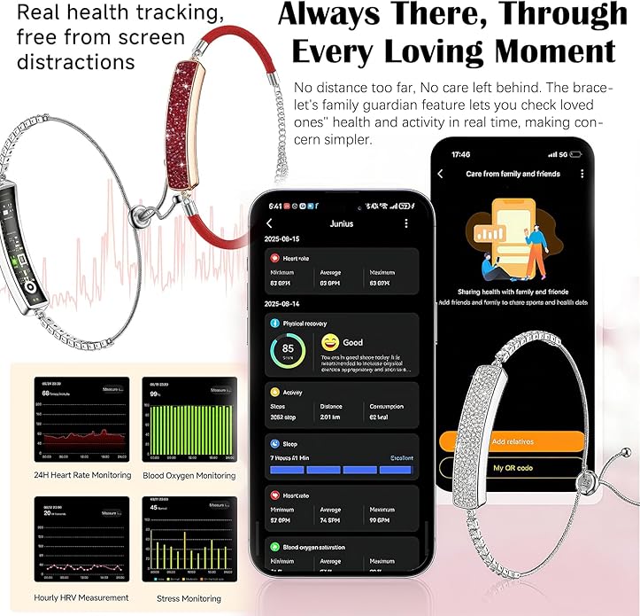 Smart Bracelet for Women 5ATM Waterproof Fitness Tracker with Heart Rate/Blood Oxygen/HRV/Sleep Monitor/Female Menstrual Cycle Activity Tracking Fashion Diamond Bracelet with 2 Bands