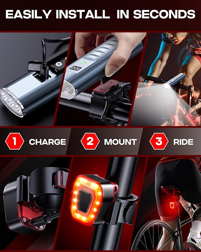High Lumen Bike Light Set, Prasky Rechargeable Bicycle Lights Front and Rear, Super Bright LED Headlight, IP65 Waterproof Multiple Modes Road Mountain Bike Lights for Night Riding