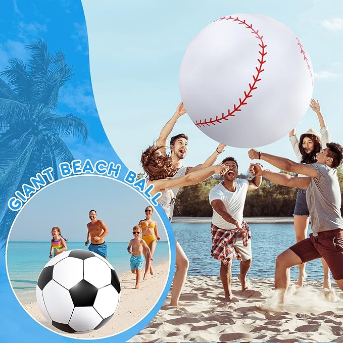 Lewtemi Giant Inflatable Sports Balls Large Inflatable Beach Ball Baseballs Soccer Rainbow Basketball Football for Sport Birthday Party Favor(2 Pcs,Soccer, Baseball,40 Inch)