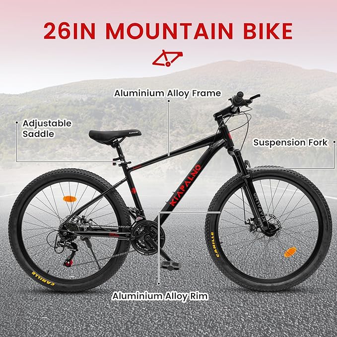 Mountain Bike 24 26 Inch, 21 Speeds Aluminum Frame/High-Carbon Steel Frame, Front Suspension Boys Girls Sport Bike, Adult Teens Bicycle for City Commuters, Summer Ride and Short Trip Camping