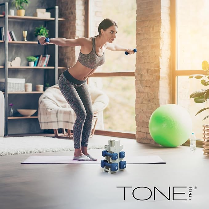 Tone Fitness Neoprene Dumbbell Set with Storage Rack – Non-Slip, Anti-Roll Hand Weights for Home Gym Workouts | 20 lb, 32 lb, & 50 lb Options