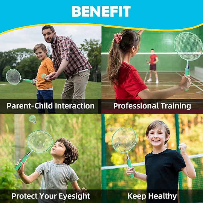 JOY SPOT! Kids Badminton Rackets Set with Soft Grip, Oversize & Lightweight Shuttlecocks Racquet with Carry Bag for Children Youth, 2 Player Sport Game for Indoor Outdoor Backyard