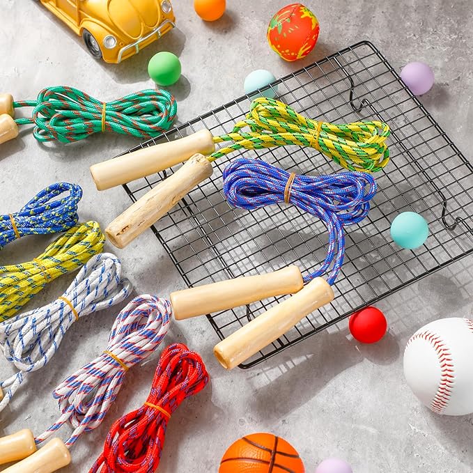 Lenwen Jump Rope Bulk for Kids 7.25 ft Cotton Skipping Rope Adjustable with Wooden Handle for Training Outdoor Exercise Christian Charity Donation Operation Christmas Supplies