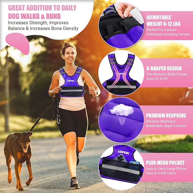 Adjustable Weighted Vest for Women, 6-12 Lbs Rucking Vest with 6 Ironsand Weights, Great Weighted Vest with Plus Pockets & Reflective Strips for Running, Walking, Workout and Strength Training