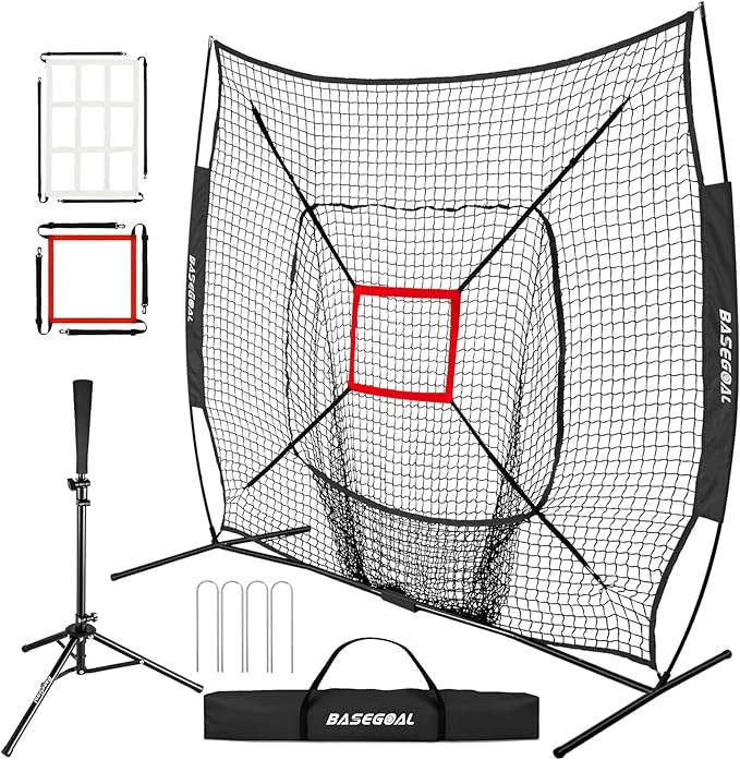 7'×7' Baseball Softball Practice Net,Baseball Backstop,with Batting Tee,for Hitting Pitching Batting Catching with Bow Frame,Bonus Strike Zone