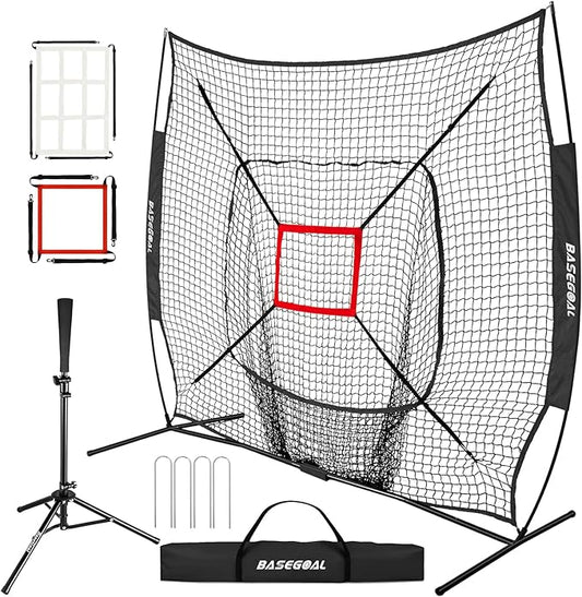 7'×7' Baseball Softball Practice Net,Baseball Backstop,with Batting Tee,for Hitting Pitching Batting Catching with Bow Frame,Bonus Strike Zone