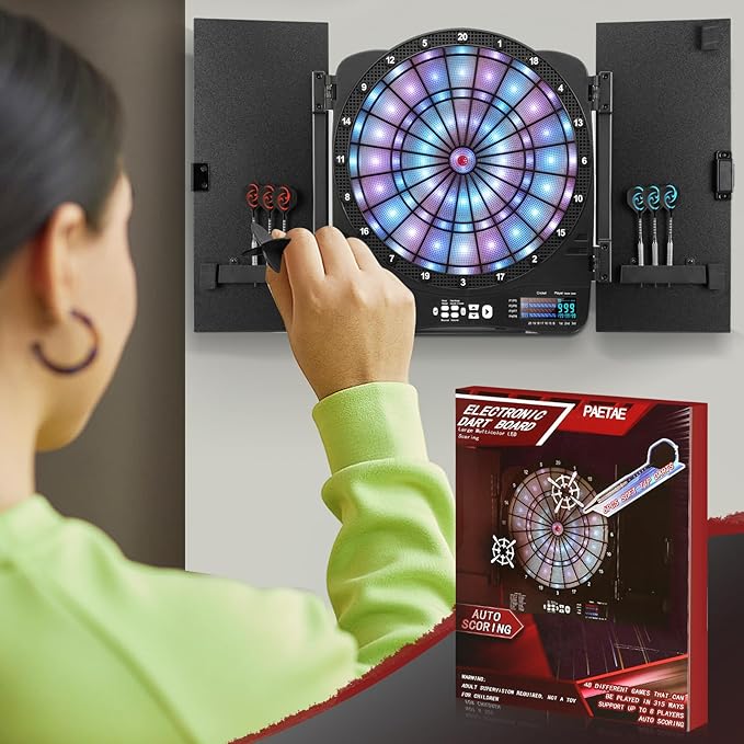 Electronic Dart Board Cabinet Set, Illuminated Target Dartboard for Adults Kids, 48 Games with 315 Variations Soft Tip Digital Dartboard Cabinets with 6 Darts, 100PCS Soft Tips