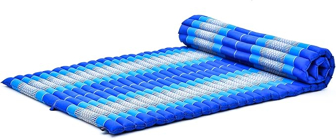 Leewadee - Kapok Roll Mat – Handcrafted Folding Sleep & Relaxation Mattress from Thailand, Ideal as Guest Bed, Camping Mat, Yoga Mat or Traditional Futon, 75 x 39 inches, Blue
