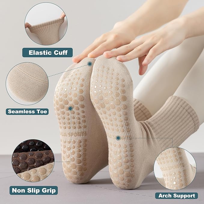 BONANGEL Pilates Socks with Grips for Women, 3 Pairs Womens Grippy Yoga Ballet Barre Hospital Gym Athletic Socks