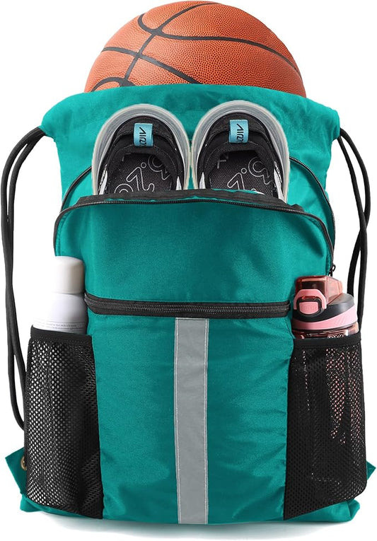 BeeGreen Drawstring Backpack Bag with Shoe Compartment, X-Large Black Gym Sports String Cinch Backpack