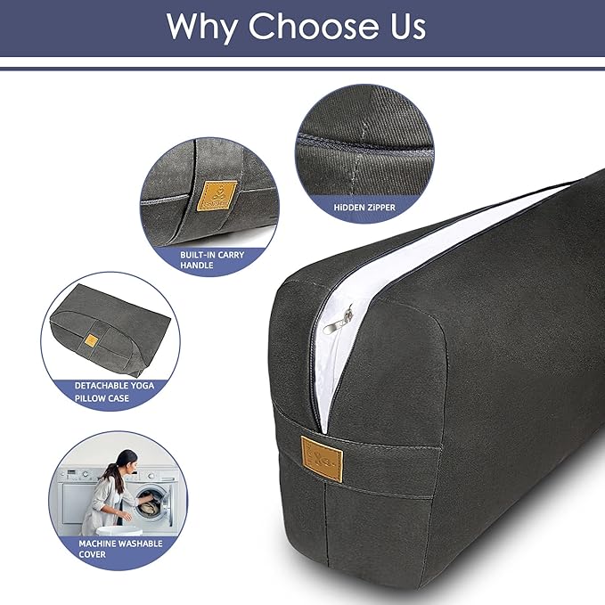 Comfortable Rectangular Yoga Bolster - 26x10.5x5.5in Meditation Supportive Pillow - 100% Cotton