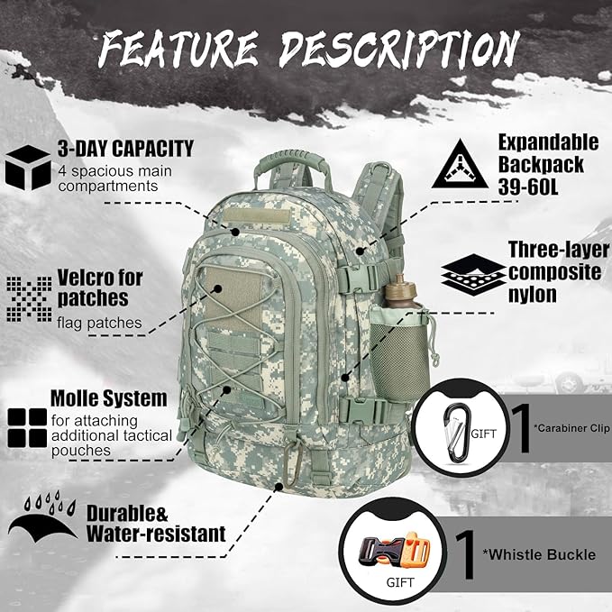 Expandable 40-64L Military Tactical Backpack 3 Day Bag Hiking Gym Sport Camping