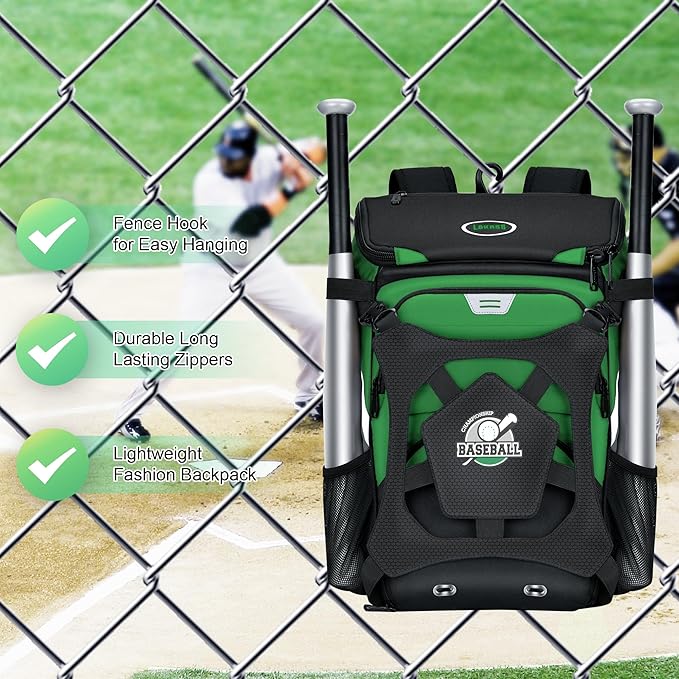 Baseball Backpack for Adult and Youth, Large Capacity Lightweight Softball Bag With Shoe Compartment and Fence Hook for TBall Bat & Equipment, Waterproof for Helmet, Gloves