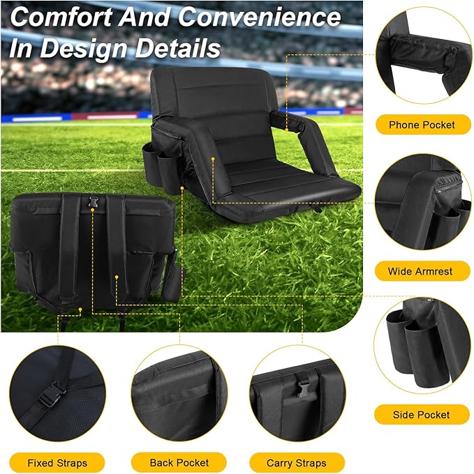 Stadium Seats with Back Support Wide, Exclusive Bleacher Chairs with Back and Cushion Folding Stadium Chairs, 6 Reclining Positions Waterproof Bleacher Seats with 2 Hooks (Wide|22.5" Black)