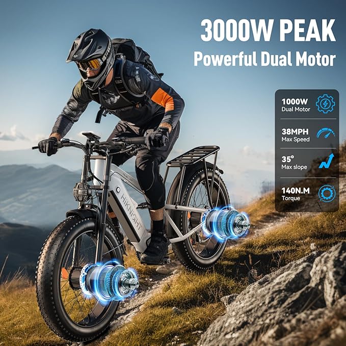 Dual Motor Electric Bike Peak 3000W, 52V 20AH Battery E Bike for Adults 26 Inch Fat Tire Mountain Electric Bicycle 38 MPH, Full Suspension Dual Hydraulic Disc Brake, Up to 90 Miles Range
