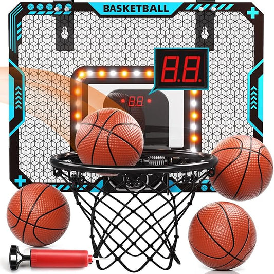 Indoor Mini Basketball Hoop for Boys Kids Aged 5 6 7 8 9 10 11 12+, Over The Door Basketball Hoops with LED Lighting, Electronic Scoreboard, and 4 Balls, Sport Toys Birthday Gift
