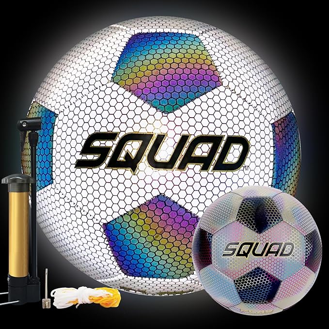 SQUAD Holographic Reflective Soccer Ball Size 5 - Reflective Glowing Ball for Night Games & Training - Durable PU Leather and Rubber Airbags - Cool & Unique Gift for Soccer Fans