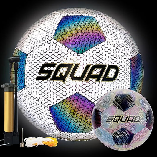 SQUAD Holographic Reflective Soccer Ball Size 5 - Reflective Glowing Ball for Night Games & Training - Durable PU Leather and Rubber Airbags - Cool & Unique Gift for Soccer Fans