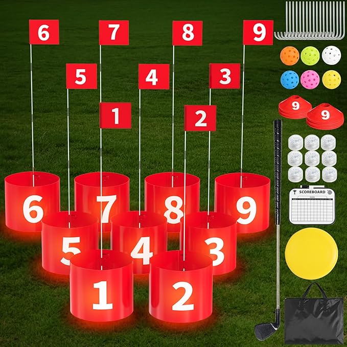 FOOING Golf Game LED with 1 Club, 9 Hole Practice Golf Backyard Game Set for Adults and Family Outdoor Indoor, Plastic Battle Yard Game with Balls and Flag for Lawn, Beach, Camping and Park