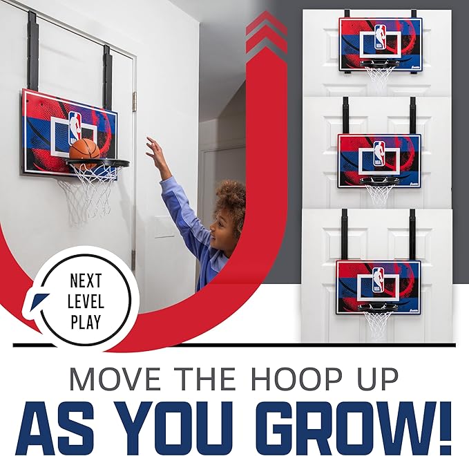 Franklin Sport NBA Grow-with-Me Kids Mini Basketball Hoop Set - Over The Door Indoor Hoop for Kids - Includes (1) Adjustable Height Basket, (1) Mini Youth Basketball + Air Pump - Ages 3+