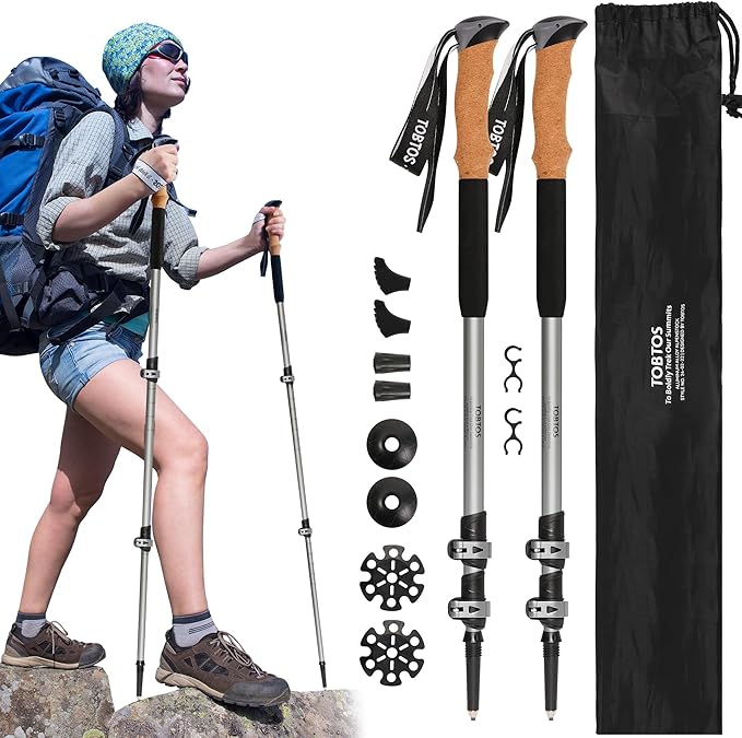 TOBTOS Trekking Poles, 2 Pack 7075 Aluminum Walking Sticks with Quick Lock, Lightweight Adjustable Hiking Sticks, Comfortable Cork Grips for Hiking, Walking & Camping