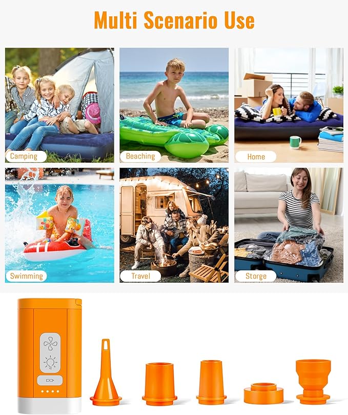 Electric Air Pump for Inflatables, 4kPa Rechargeable Portable Air Pump with Camping Light, Quickly Inflation Deflation for Camping, Travel, Pool Floats, Air Mattress, Vacuum Storage Bags