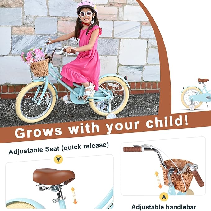 Glerc Little Molly 12-20 Inch Kids Retro Cruiser Bike for 2-13 Year Old with Wicker Basket & Training Wheels/Kickstand, Multiple Colors