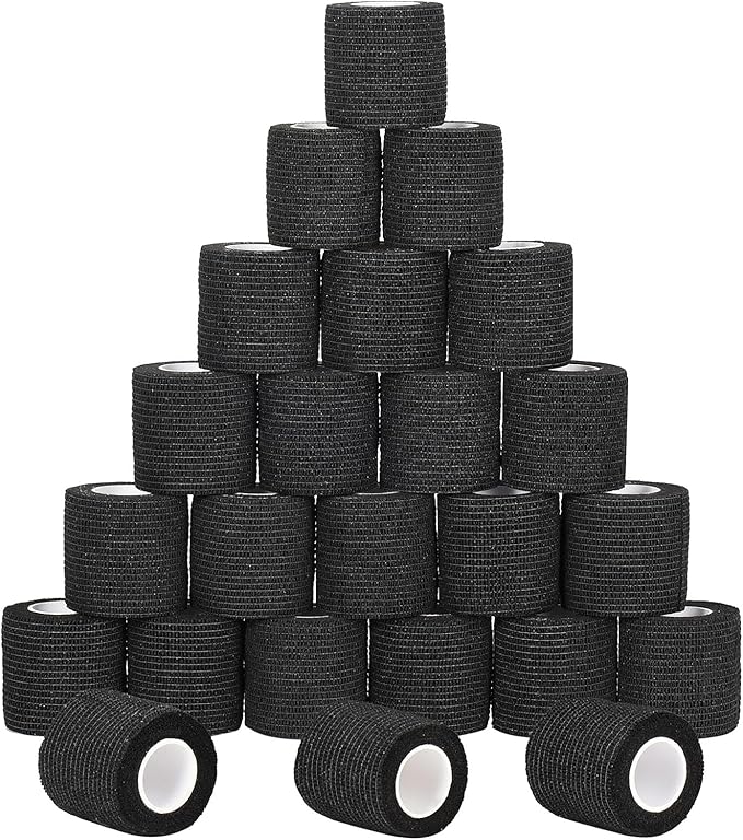 24 Pack Self Adherent Cohesive Wrap Bandages Non Woven Cohesive Bandage Elastic Self Adhesive Bandage Wrap Sports Athletic Tape First Aid Tape for Wrist Ankle Pet Vet Wrap Grip Cover 2 inch (Black)