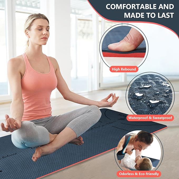 Yoga Mat Extra Thick 9MM, High Density Exercise Mats Non Slip for Home Workout, Pilates Mat with Strap for Women Men, Eco Friendly Mat Thick (9MM-NAVY-BLUE)