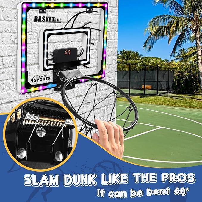 AOKESI Mini Indoor Basketball Hoop for Kids Scoring Hoop with 3 Balls,Led Light & Batteries Over The Door Bedroom Office Portable Basketball Toys Best Gift for Adults & Boys 4 5 6 7 8 9