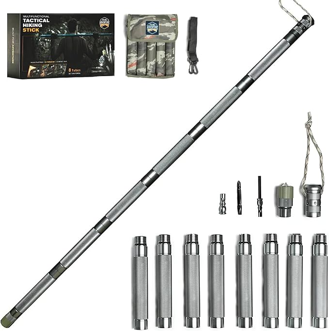 Hiking Tactical Stick Walking Staff - Outdoor Multitool Gear Trekking Pole Collapsible Retractable Premium 15 in 1 | 8 Tubes