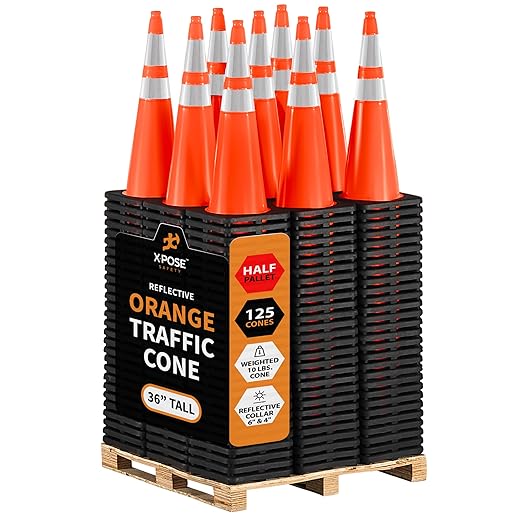 Xpose Safety 36 Inch Orange Traffic Cones Heavy Duty 12lb 6" & 4" Collar - Bulk Half Pallet 125 Pack - Multipurpose PVC Plastic Safety Cone Parking, Soccer, Caution & Construction - DOT Approved