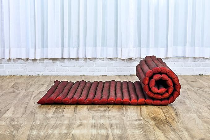 Leewadee - Foldable Floor Mattress - Japanese Roll Up Futon -Trifold Tatami Mat- Guest Floor Bed - Camping Mattress - Thai Massage Mat, Kapok Filled, 75 x 28 inches, Red