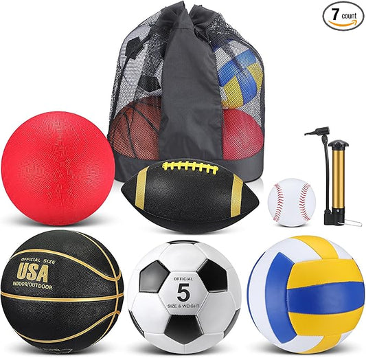 Libima 6 Pcs Multi Sport Ball Set Official Size Football, Basketball, Soccer, Volleyball, Playground Ball, Baseball with Sports Equipment Bag Pump for Teen Adult Back to School