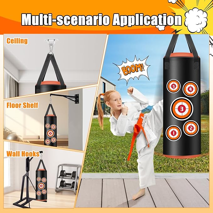 Hanging Punching Bag for Kids, 2FT PU Leather Kicking Bag with Boxing Bag Gloves, Heavy Bag Boxing Equipment for Training Karate Muay Thai Kick Taekwondo(Unfilled)