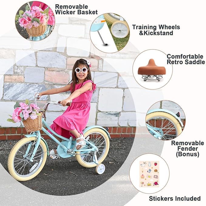 Glerc Little Molly 12-20 Inch Kids Retro Cruiser Bike for 2-13 Year Old with Wicker Basket & Training Wheels/Kickstand, Multiple Colors