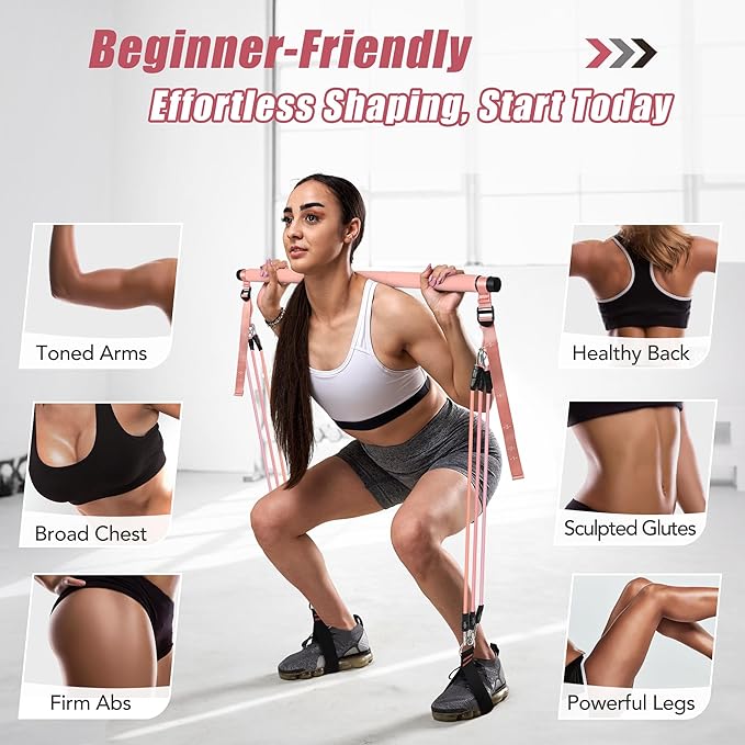 Upgraded Pilates Bar Kit with Resistance Bands Natural Latex for Women & Men, Heavy-Duty Stainless Steel Multifunctional Yoga Pilates Stick for Home Gym Exercise Fitness Equipment Full-Body Workouts