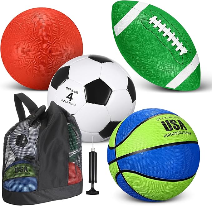 Deekin 4 Pcs Sport Balls Set for Kids Teens, Include Official Size 5 Basketball 4 Soccer 6 Football Playground Ball and Pump Sports Equipment Bag Recess Equipment Sport for Students(Navy Blue, Green)