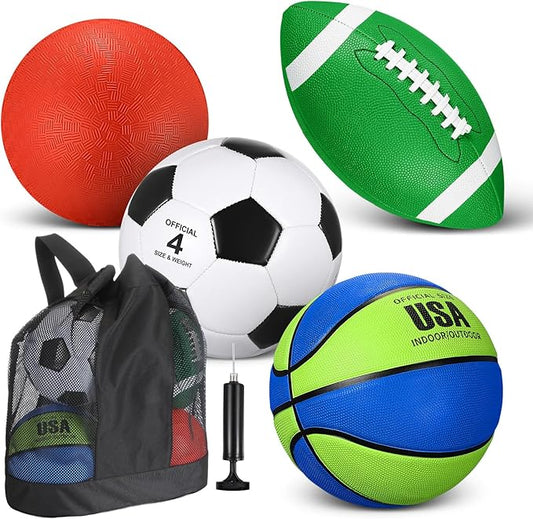 Deekin 4 Pcs Sport Balls Set for Kids Teens, Include Official Size 5 Basketball 4 Soccer 6 Football Playground Ball and Pump Sports Equipment Bag Recess Equipment Sport for Students(Navy Blue, Green)