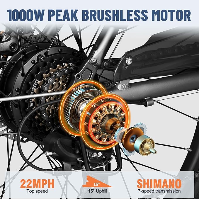 Core Electric Bike for Adults - Peak 1000W/1200W Brushless Motor Ebike, 468&500Wh Removable Built in Battery 26&27.5X2.1 Tire Step Over Bicycle with 7 Speed, Commute E Bikes