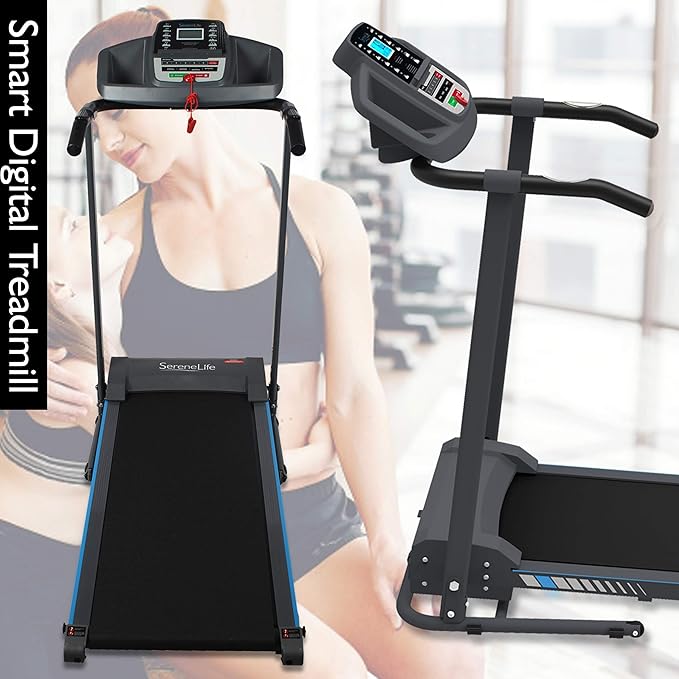 SereneLife Electric Folding Treadmill Exercise Machine - Smart Compact Digital Fitness Treadmill Workout Trainer w/Bluetooth App Sync, Manual Incline Adjustment, for Walking, Running, Gym