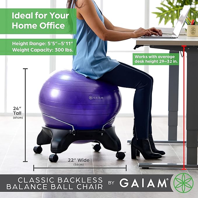Gaiam Classic Backless Balance Ball Chair – Exercise Stability Yoga Ball Premium Ergonomic Chair for Home and Office Desk with Air Pump, Exercise Guide and Satisfaction Guarantee