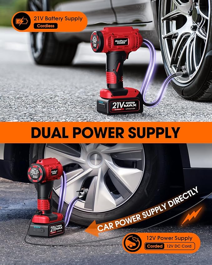 Cordless Tire Inflator Portable Air Compressor, 160PSI Car Tire Air Pump, 21V Rechargeable Battery Powered Air Compressor, Dual Power, Larger HD Digital Gauge w/4+N Smart Modes (Red)