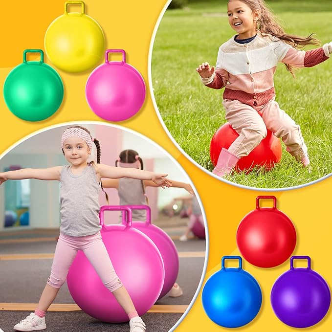 Lewtemi 6 Pcs Hopper Ball Carnival Outdoor Games 18 Inch Jumping Hopping Inflatable Bouncing Ball with Handle and Air Pump for Kids Sport Exercise (Red, Blue, Green, Pink, Yellow, Purple)